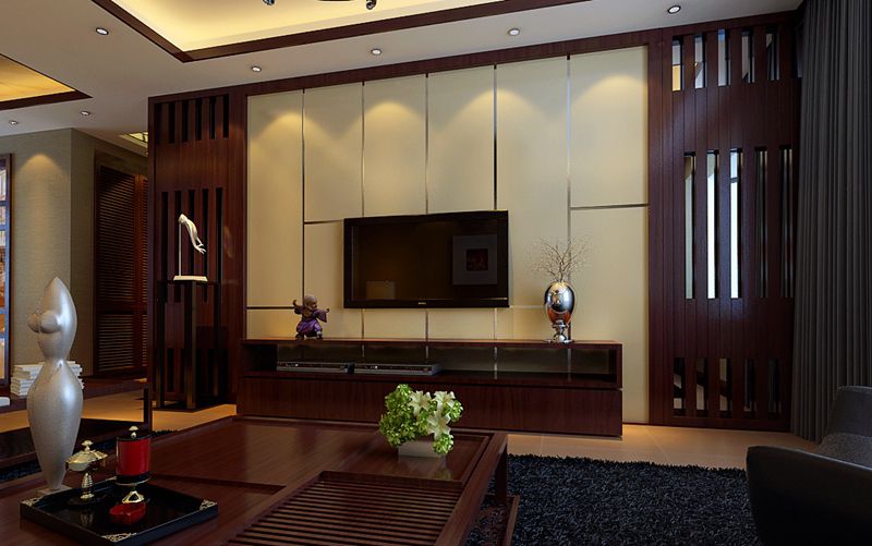 中信城三期190平新中式风格大四居客厅电视背景墙装修效果图