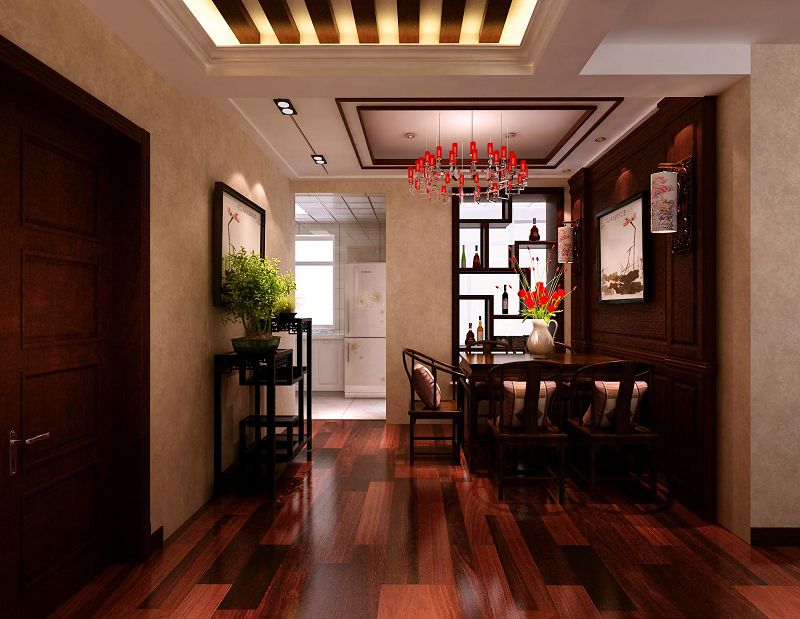 意华东贸国际花园新中式实木风格客厅餐厅装修效果图