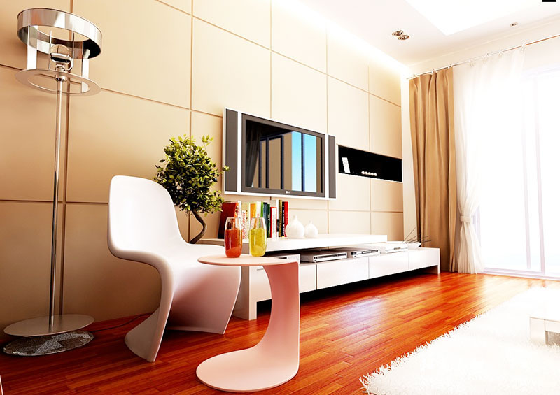 简约后现代风格浅客厅白色电视柜和电视背景墙装修效果图