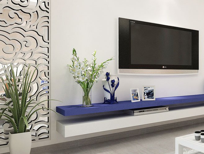 白色+蓝色2层板客厅电视背景墙装修效果图