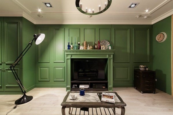 20平米客厅墨绿色嵌入式柜子背景墙装修效果图