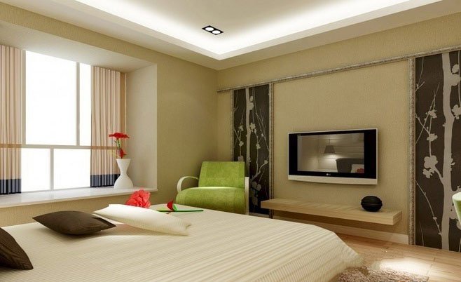 简约日式风格白色双人卧室大床+简约电视背景墙装修效果图