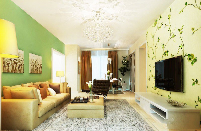 长绿色花草电视墙一字型沙发客厅餐厅一体田园风格二居室装修效果图