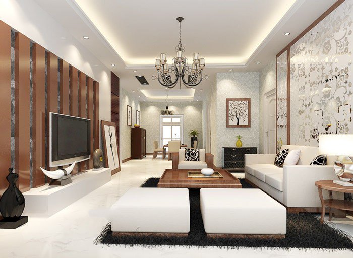 北欧风格实木栅栏型电视背景墙白色地砖一字型白色沙发客厅装修效果图