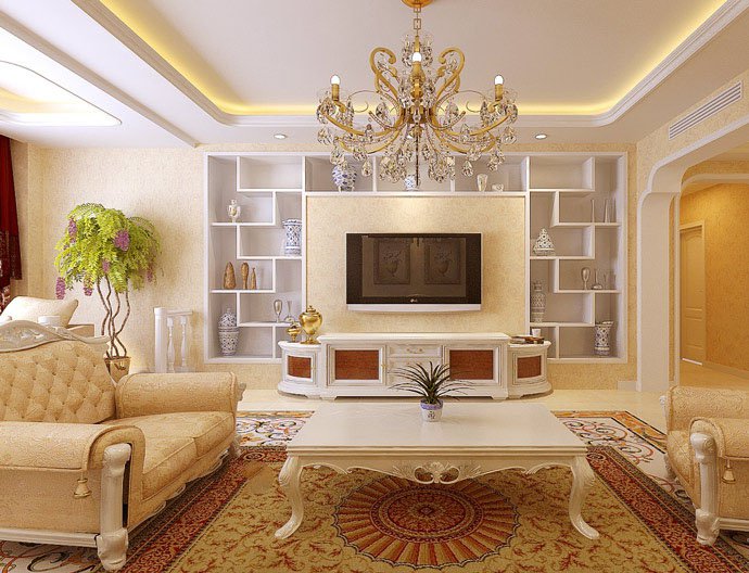 金黄色欧式宫廷风格白色多宝格电视背景墙客厅装修效果图