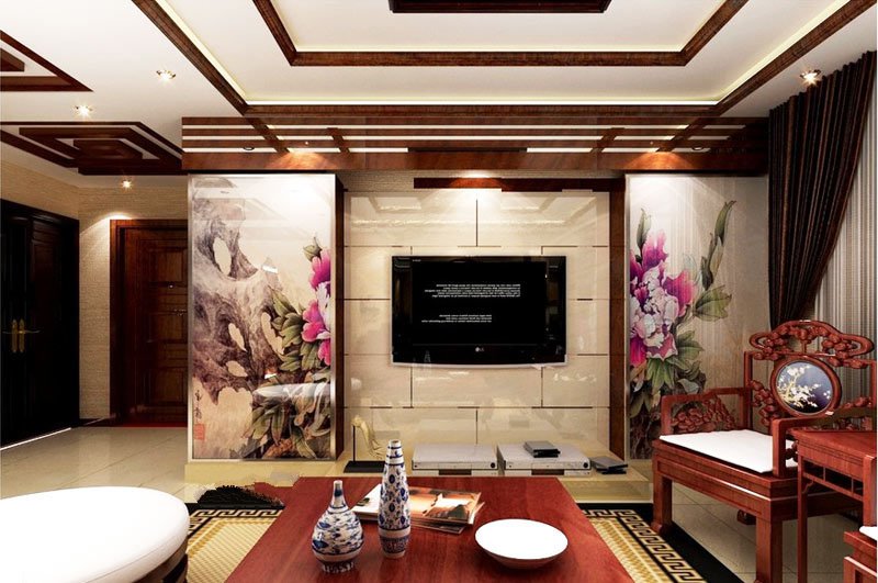 20平米新中式风格大理石材质电视墙客厅装修效果图