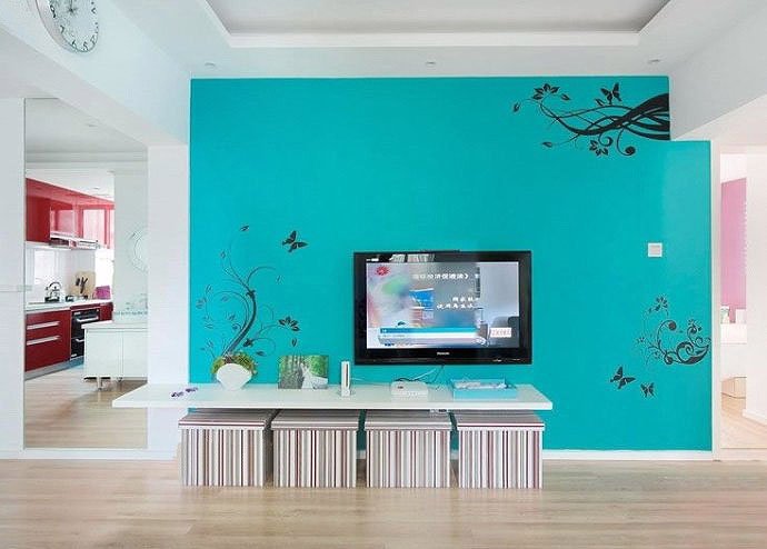 现代简约风格孔雀蓝背景色电视背景墙客厅装修效果图