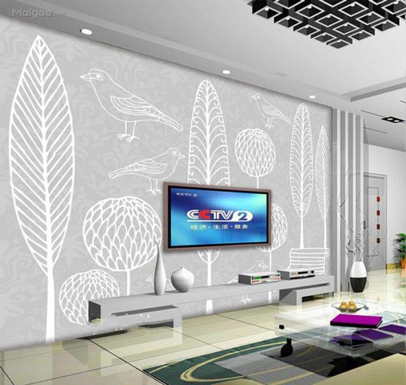 白色现代简约风格客厅花鸟图案电视背景墙装修效果图