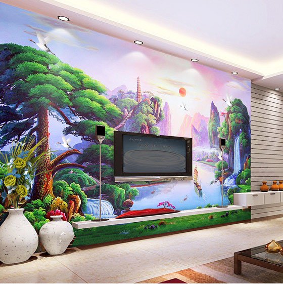 彩色山水画电视背景墙客厅装修效果图