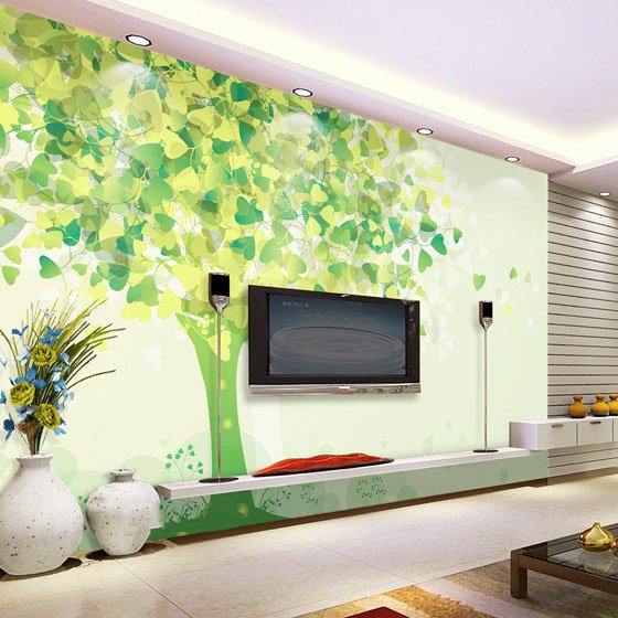 绿色枫叶背景电视墙客厅装修效果图