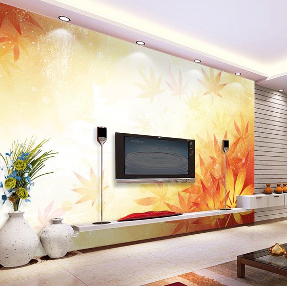 淡黄色红叶背景电视墙客厅装修效果图
