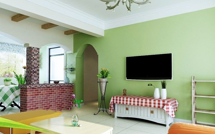 淡绿色电视墙文化砖墙吧台隔断客厅装修效果图