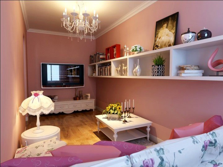 粉色背景白色水晶吊灯女生洛可可风格客厅装修效果图