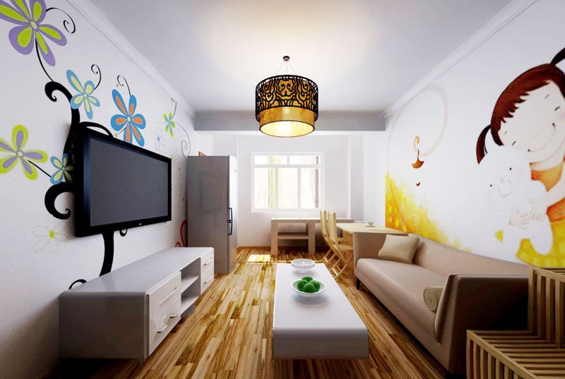 一字型沙发花儿电视背景墙12平米实木地板客厅装修效果图