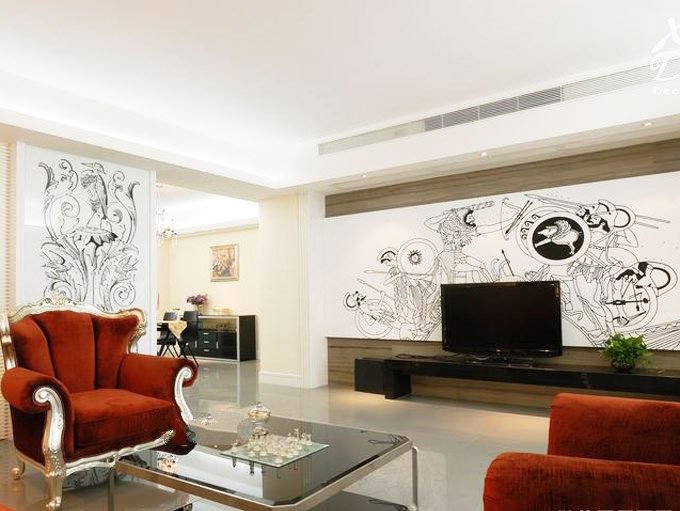 欧式沙发玻璃茶几欧式手绘墙客厅装修效果图