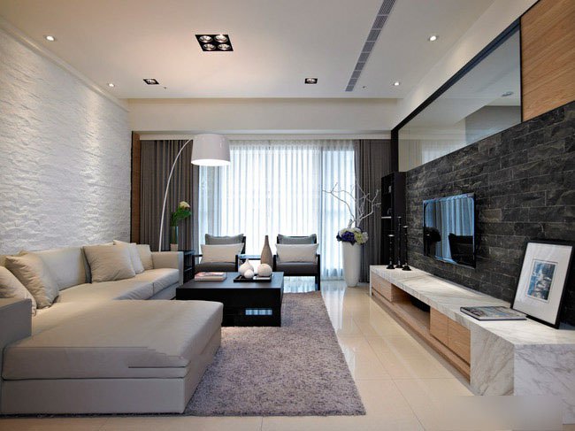 北欧宜家风格L型沙发白色地砖黑色文化砖墙电视墙客厅装修效果图