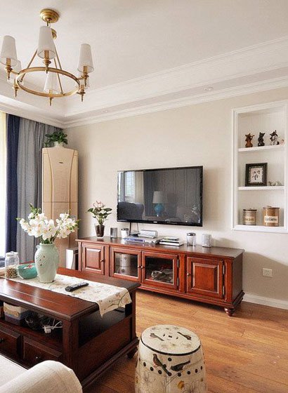 美式混搭风格实木电视柜实木茶几实木地板客厅装修效果图