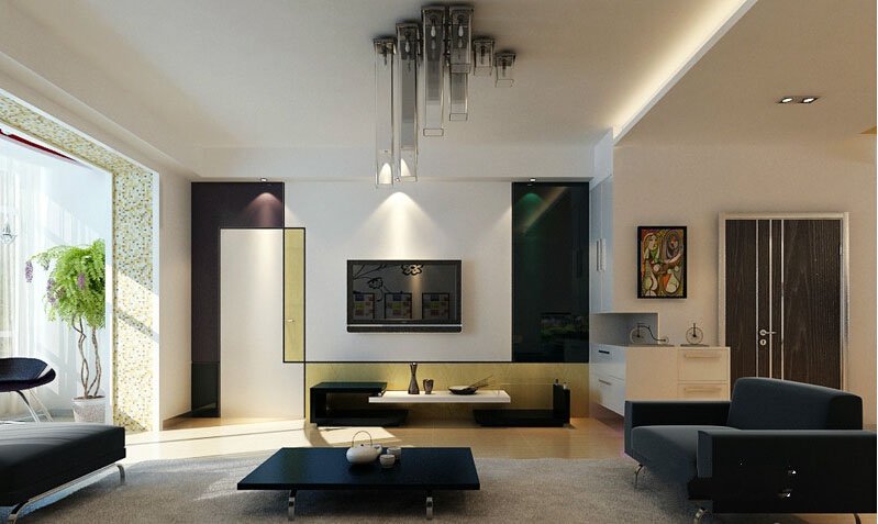 30平米经典黑白色风格大客厅低矮黑色茶几装修效果图