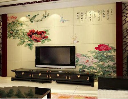 阳江景湖花园中式风格花鸟画电视背景墙客厅装修效果图