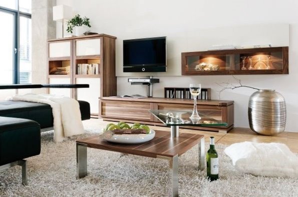 广州东骏花园大一居室实木地板白色毛绒地毯木色电视柜客厅效果图