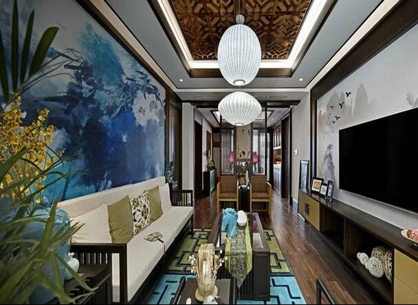 荣盛阿尔卡迪亚廊坊花语城214平新中式老式实木沙发背景墙客厅效果图