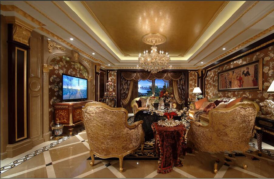 唐山龙港景苑欧式客厅复古金色水晶吊灯电视柜背景墙沙发背景落地窗效果