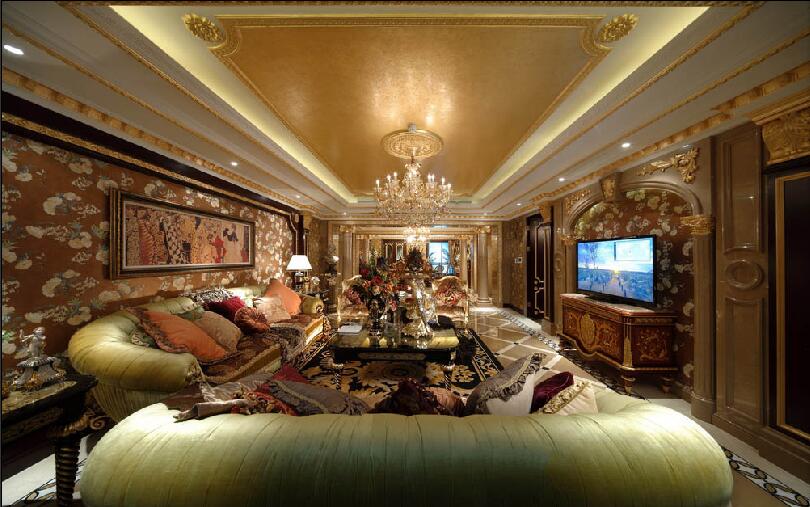 唐山宏坤馨港家园金色欧式复古大客厅水晶灯电视柜沙发背景墙效果图