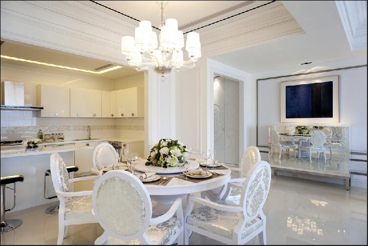 邯郸紫岸欧式白色椅子餐厅水晶灯厨房吧台一体效果图