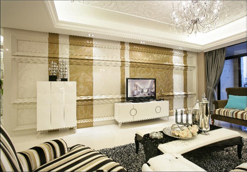 邯郸青城逸园简欧白色系欧式客厅雕花吊顶地毯条纹沙发电视背景墙效果图