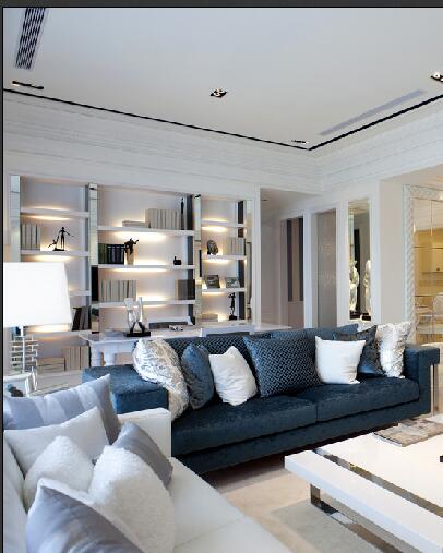 邢台东方格兰维亚白色欧式客厅书架灯深蓝色沙发效果图