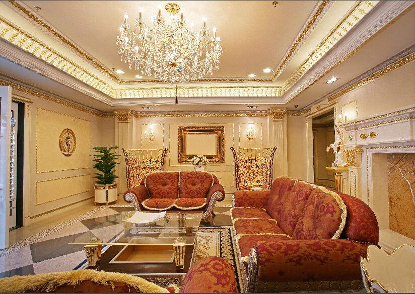 保定鹏润家园奢华水晶灯吊顶印花欧式沙发包边金色客厅装饰效果图