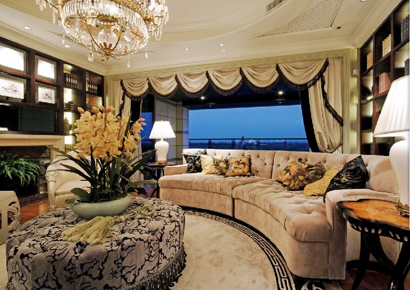 保定晨光小区奢华欧式大客厅水晶灯拐角沙发落地窗效果图