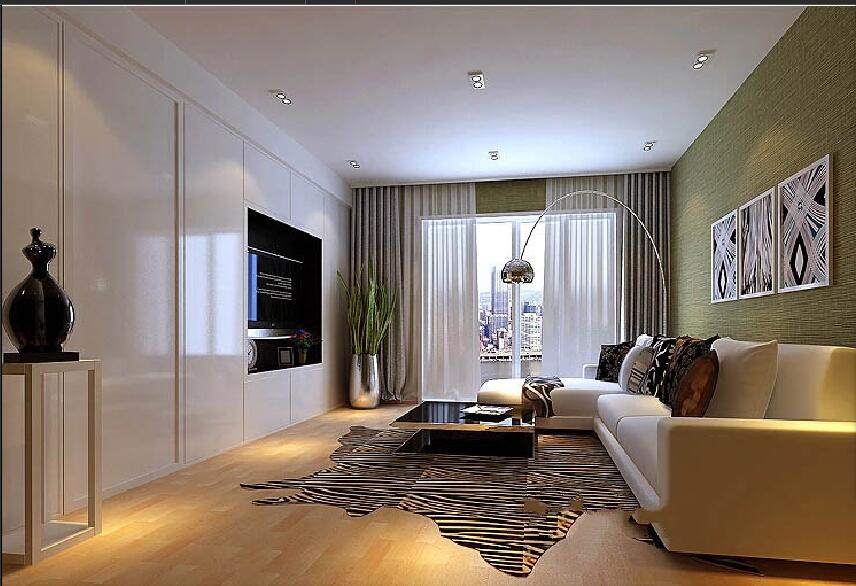 张家口华升阳家园现代白色嵌入式电视柜黑白条纹地毯落地窗效果图