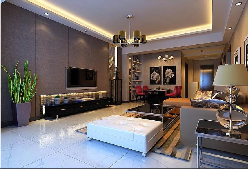 张家口荣辰庄园现代简约客厅水晶灯灯带白色地砖茶几沙发效果图