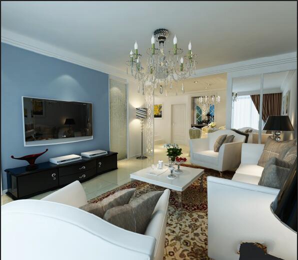 沧州枫尚国际现代简约客厅蜡烛吊灯沙发浅蓝色电视背景墙效果图