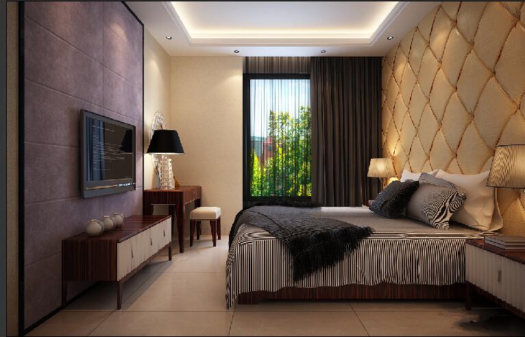 廊坊臻丽花园现代卧室褐色窗帘户菱形软包床头效果图