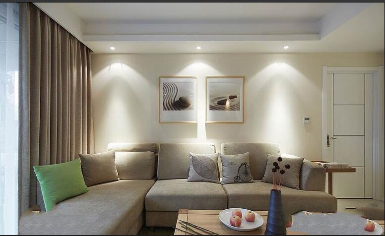 廊坊永华小区现代简约15平米小客厅L形沙发客厅射灯照片墙效果图