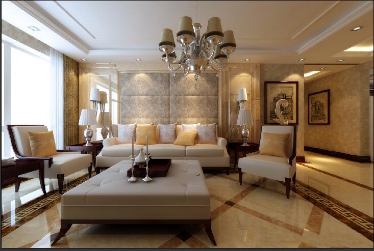 廊坊安泰家园复古欧式客厅吊灯真皮沙发软包墙拼花地砖射灯效果图