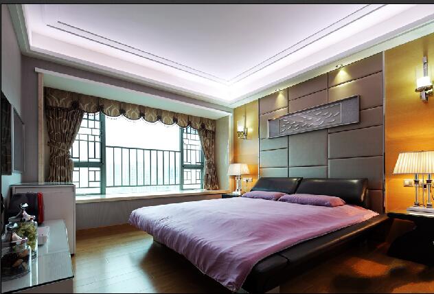 廊坊新儒苑现代简约卧室实木地板飘窗黑色真皮大床效果图
