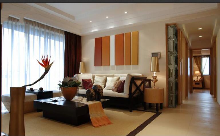 衡水和平公寓中式小客厅木条背景小窗帘筒灯吊顶效果图