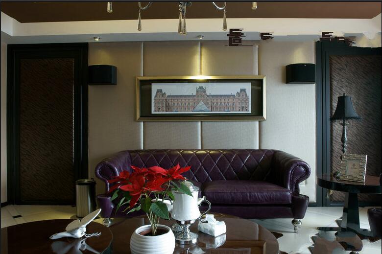 衡水裕康小区复古客厅真皮沙发茶几软包背景墙效果图