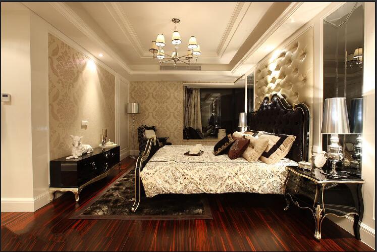 衡水万和苑欧式卧室长方形吊顶实木地板黑色大床和床头柜效果图