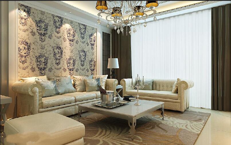 晋城景和苑欧式客厅真皮沙发印花背景墙水晶灯落地窗壁纸效果图