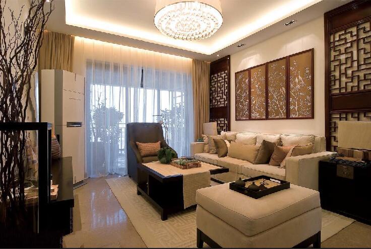 晋城裕天花园现代中式客厅镂空背景墙沙发茶几水晶灯双层窗帘效果图