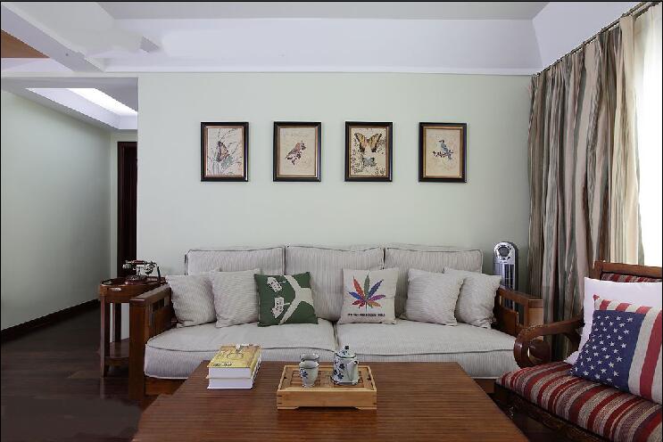 晋城水利家园现代简约小客厅实木家具照片墙落地窗效果图