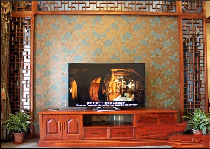 晋城松青小区中式风格镂空电视背景墙实木电视柜图