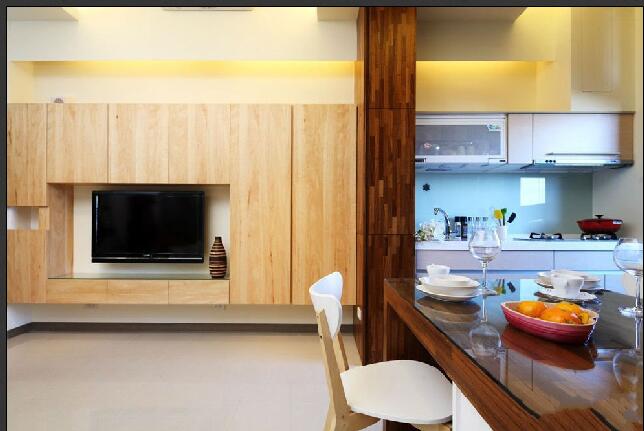 晋城绿映小区客厅餐厅一体式电视实木组合电视柜餐桌效果图