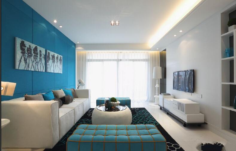 晋城碧春园小区地中海蓝色背景一字型沙发筒灯吊灯白色电视背景墙效果图