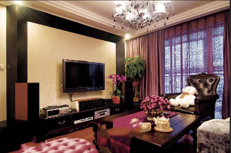 朔州泉中花园欧式客厅中空吊顶水晶灯暗紫色窗帘电视柜效果图
