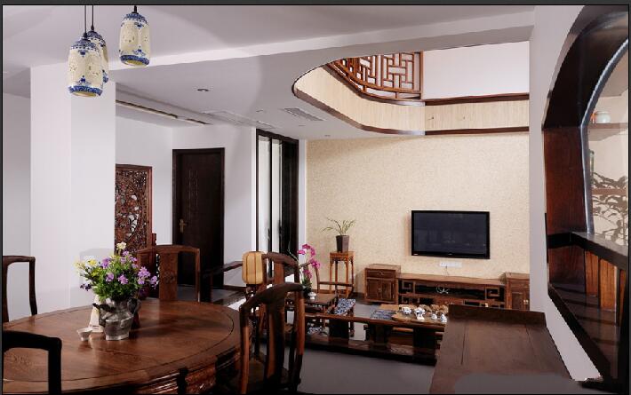晉中九普小區復式別墅中式40平米客廳中式家具青花瓷吊燈效果圖